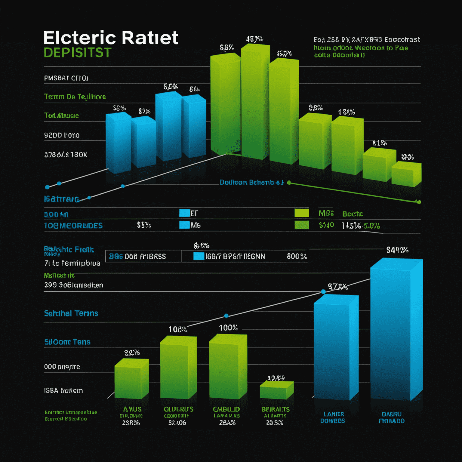 Grafische Darstellung verschiedener Festgeld-Angebote mit Balkendiagrammen, die Zinssätze und Laufzeiten vergleichen. Die Grafik verwendet die Farben Elektrisches Blau und Neongrün auf schwarzem Hintergrund.