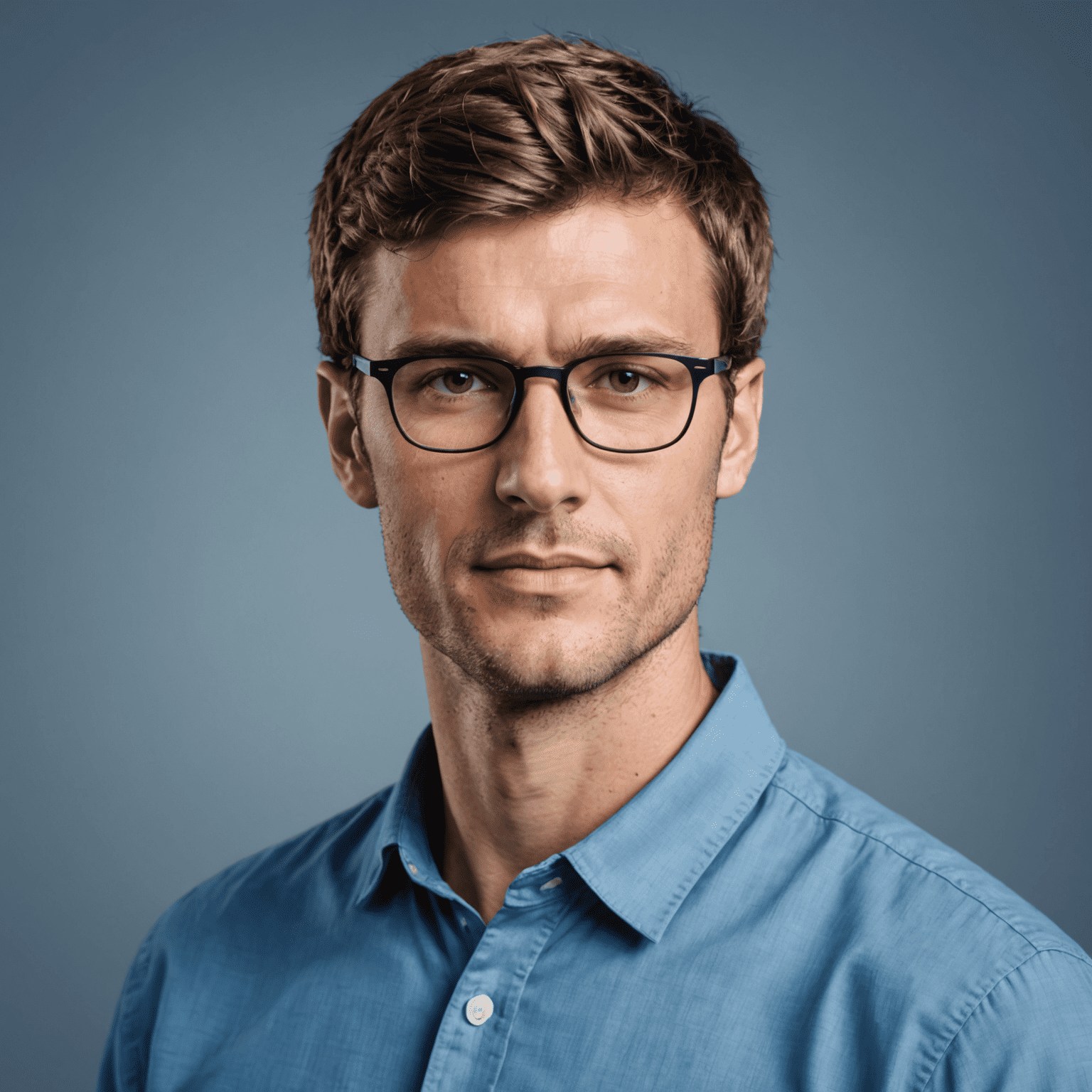 Porträt von Thomas Müller, Analyst mit Brille und kurzem Haar, trägt ein blaues Hemd