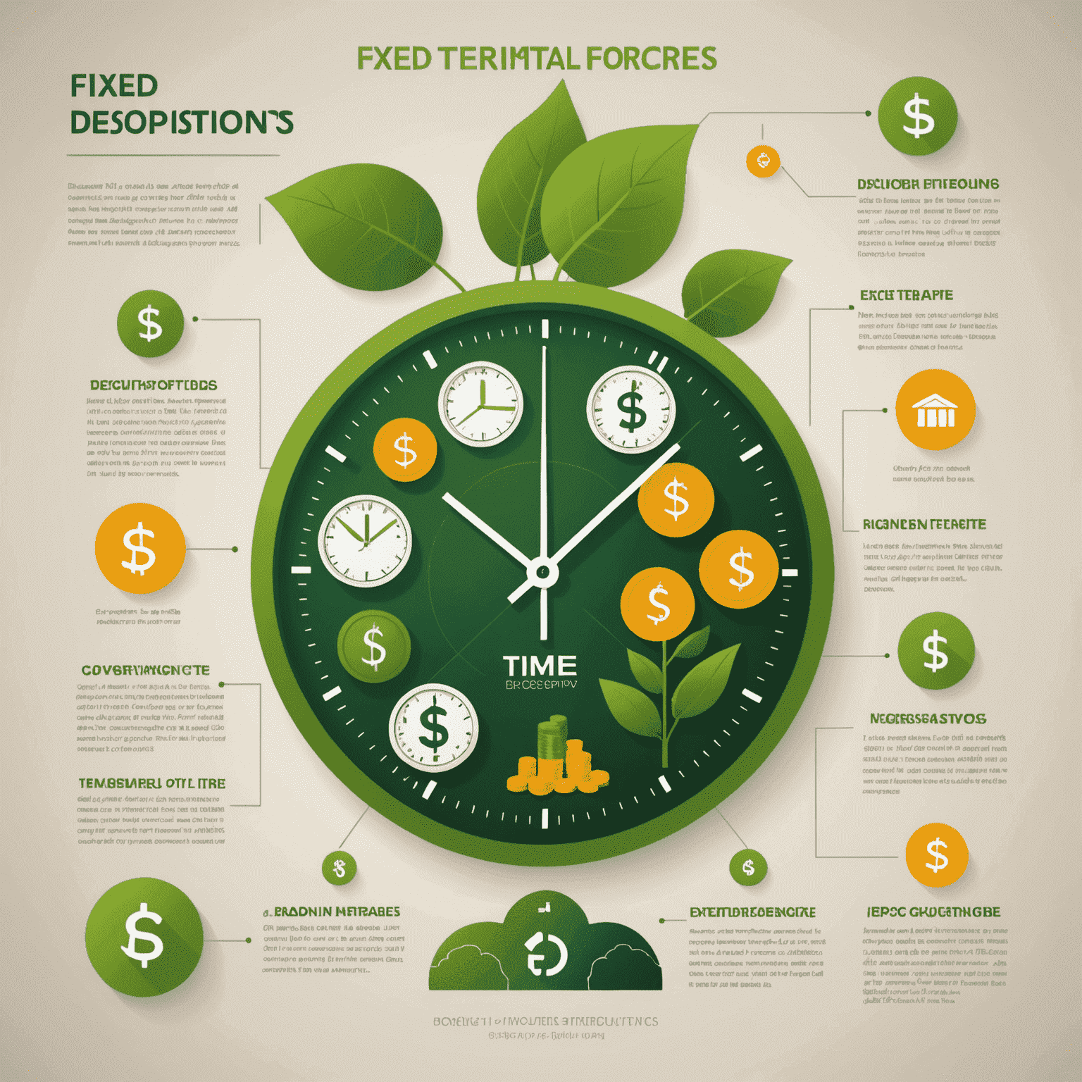 Infografik, die das Konzept von Festgeld visualisiert, mit Symbolen für Geld, Zeit und Wachstum